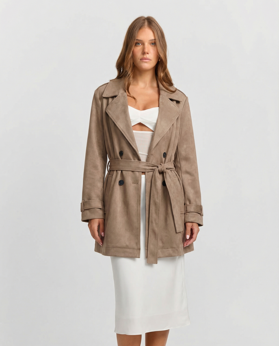 Lux | Elegant Belted Trench Coat Suede Beige Long
