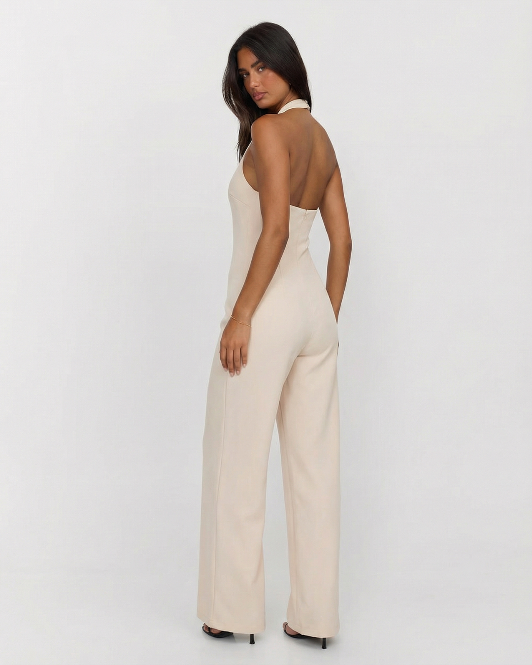 Maren | Elegant Halter Neck Jumpsuit Cream Wide Leg