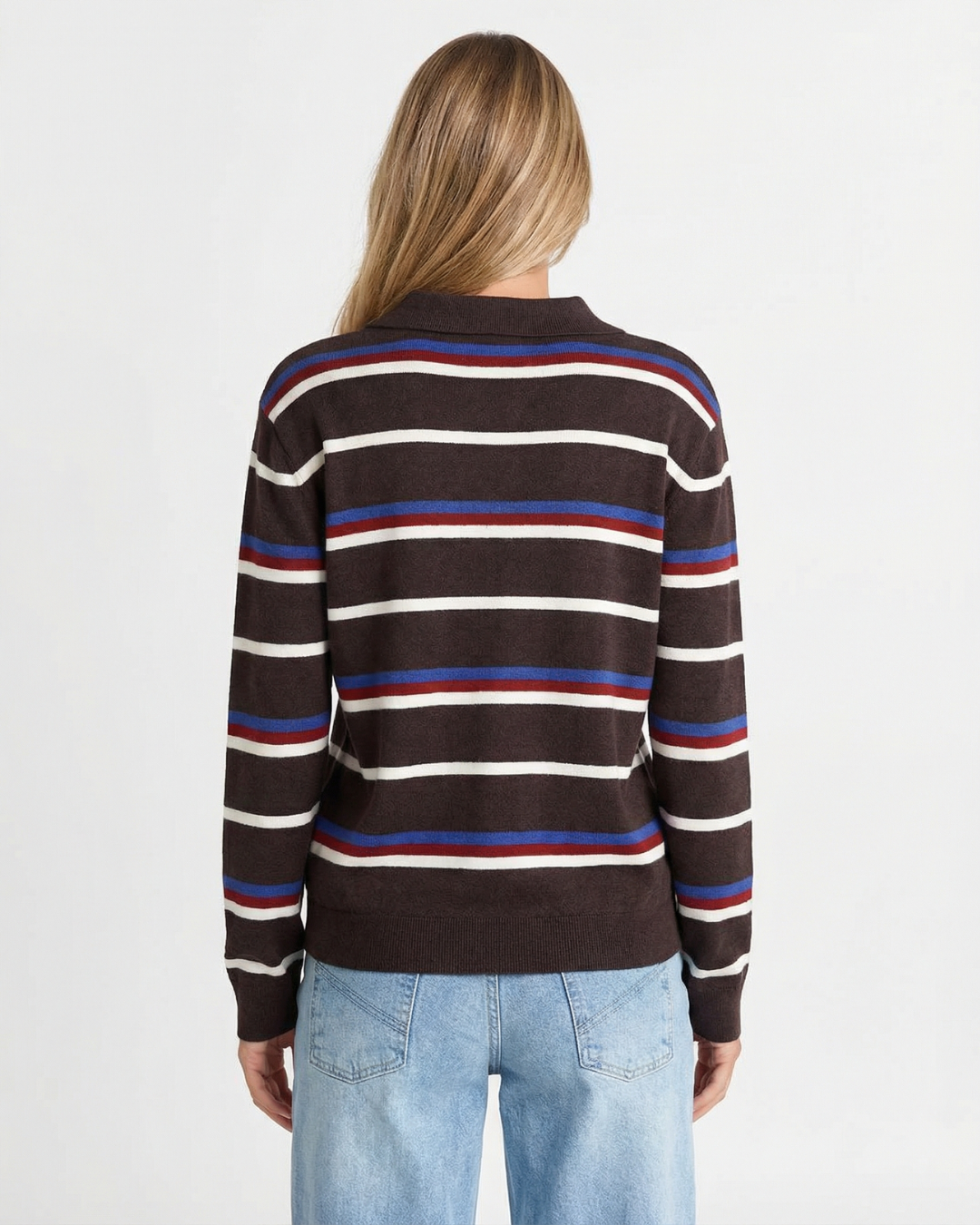 Iris | Striped Long Sleeve Polo Knit Top in Yellow & Dark Brown