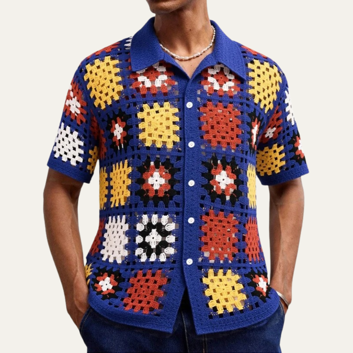 Aldous crochet polo shirt navy multi