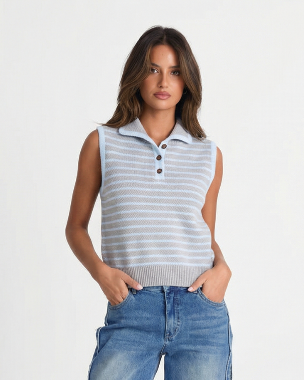 Lux | Striped Knitted Vest Top Light Blue Sleeveless Collared