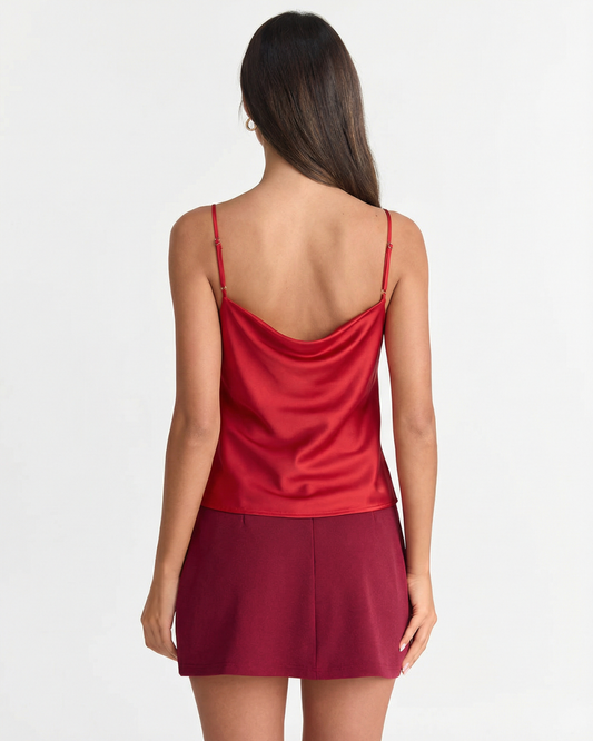 Maren | Elegant Cowl Neck Cami Top Red Satin Sleeveless Strappy