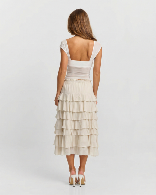 Mina | Summer Tiered Midi Skirt Cream Ruffle Layered