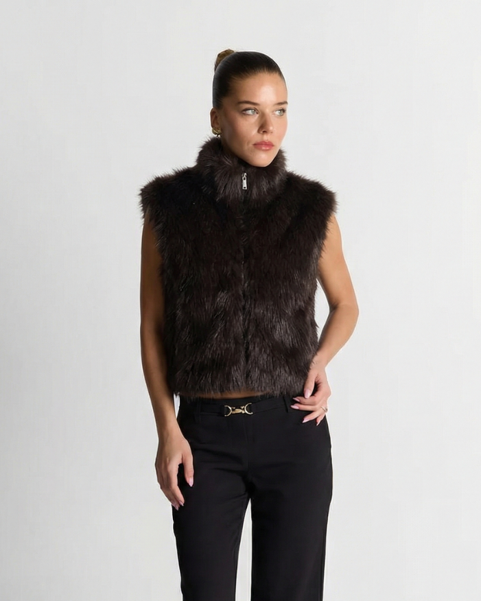 Cora | Casual Zip Up Faux Fur Jacket Dark Brown