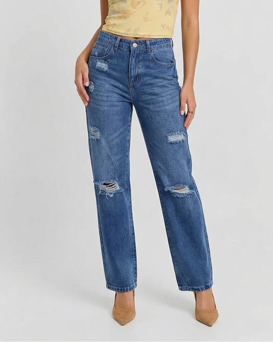 Alma | High Waisted Straight Leg Jeans Ripped Dark Blue Distressed