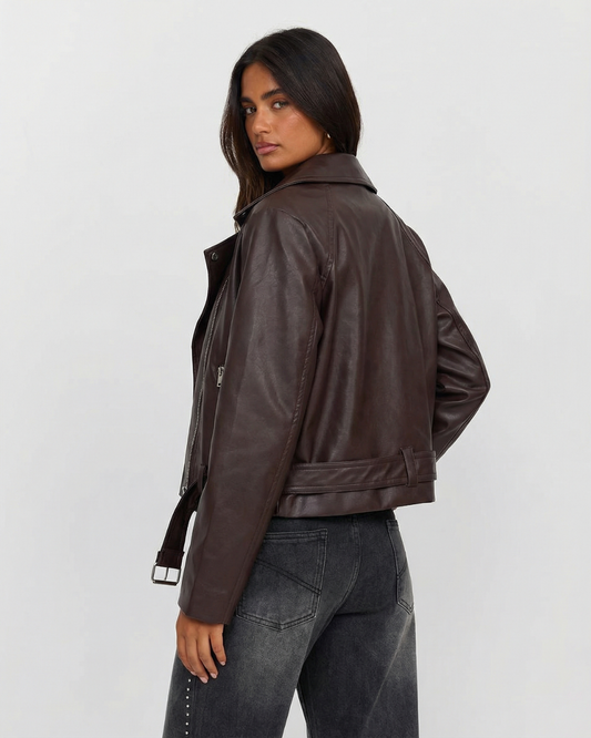 Nola | Cropped Leather Jacket Brown Double Breasted Belted