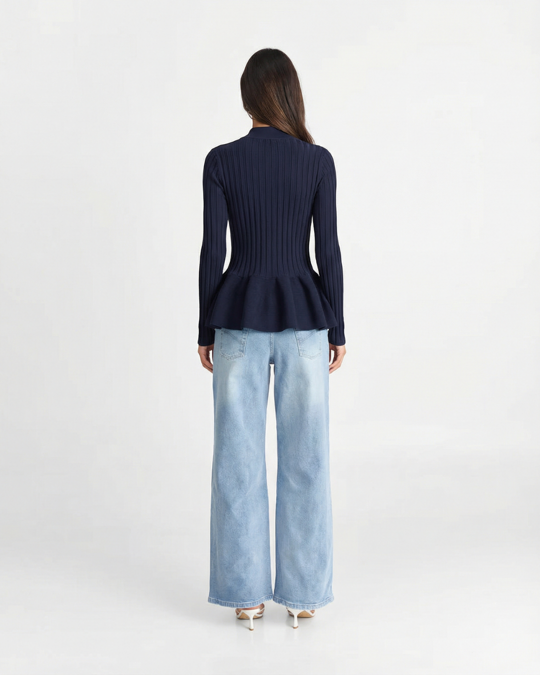 Ember | Elegant Peplum Blouse Navy Ribbed Knit Long Sleeve V Neck