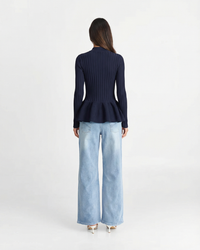 Charlotte | Deep V-Neck Button-Front Peplum Ribbed Knit Top