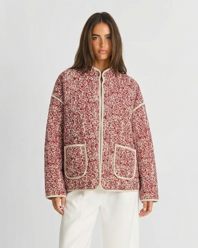 Millie | Red Floral Quilted Zip-Up Jacket