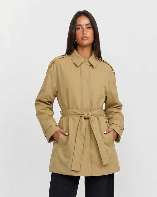 Neve | Beige Belted Utility Jacket Long Sleeve Collared Trench