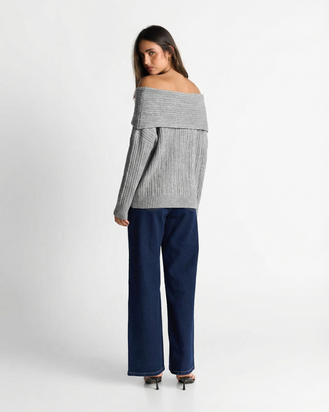 Ada | Off Shoulder Knitted Top Grey Long Sleeve Ribbed