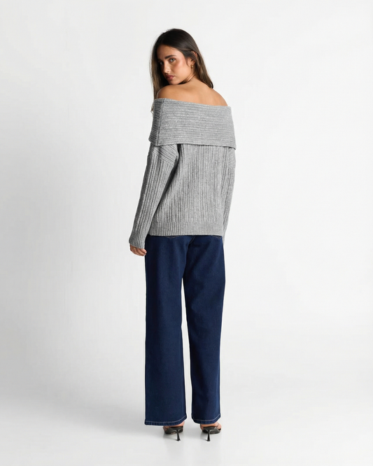 Ada | Off Shoulder Knitted Top Grey Long Sleeve Ribbed
