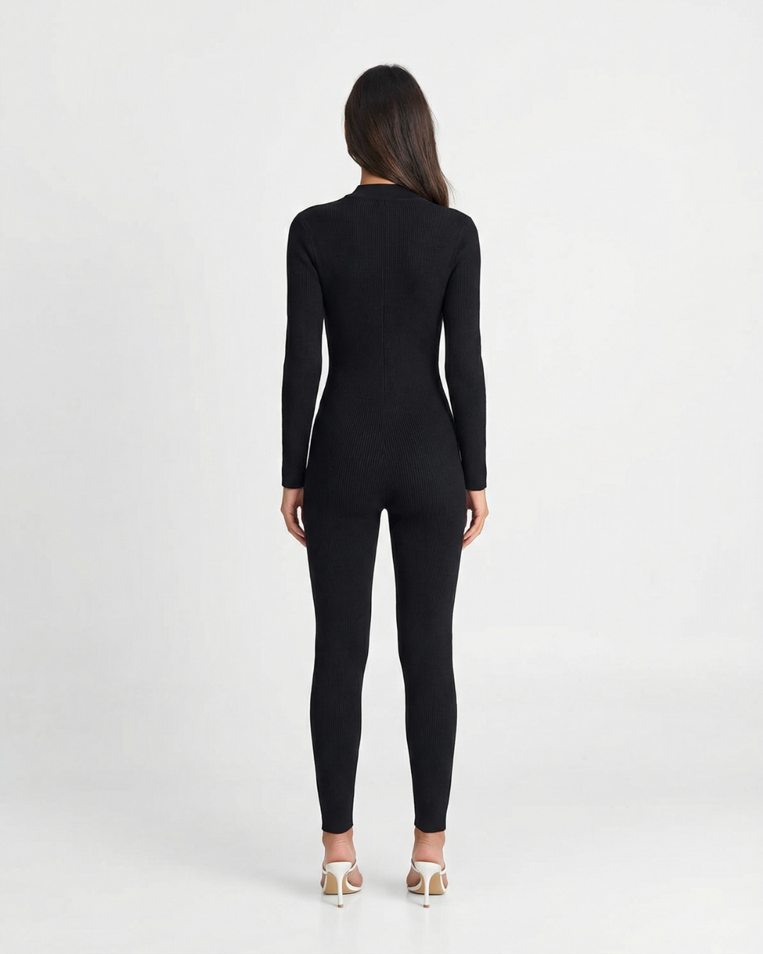 Mabel | Ribbed Knit Long Sleeve Bodycon Jumpsuit in Beige & Black
