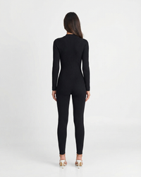 Mabel | Ribbed Knit Long Sleeve Bodycon Jumpsuit in Beige & Black