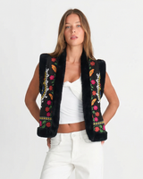 Ellen | Floral Embroidered Faux Fur Trim Vest