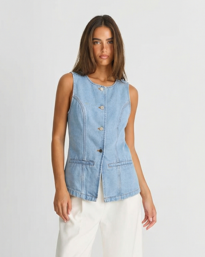 Yara | Summer Denim Vest Light Blue Sleeveless Button Front