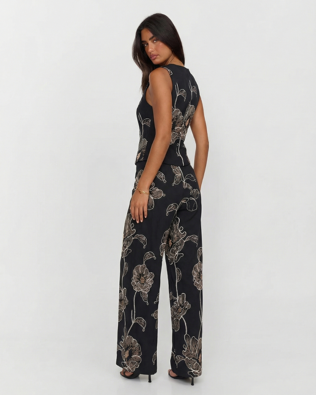 Ailsa | Floral Print Square Neck Peplum Top and Wide-Leg Trousers Matching Set in Black