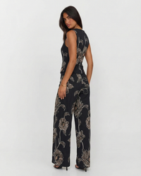 Ailsa | Floral Print Square Neck Peplum Top and Wide-Leg Trousers Matching Set in Black