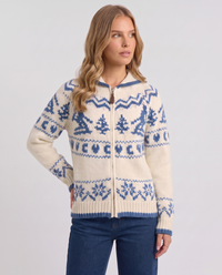 Griselda | Women's Zip-Up Fair Isle Cardigan White and Blue