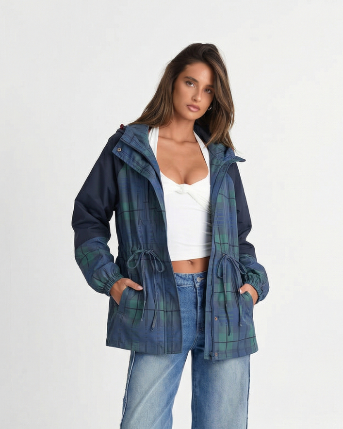 Ivy | Casual Plaid Hooded Jacket Navy Green Drawstring