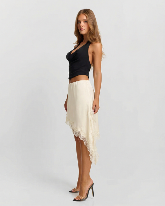 Lena | Satin Mini Skirt Cream Lace Trim Asymmetric