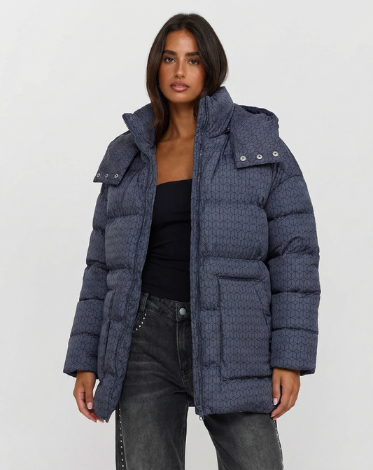 Zuri | Winter Quilted Puffer Jacket Navy Long Padded Hooded