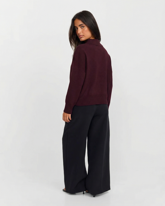 Scarlett | Burgundy Knit Polo Jumper with Pocket Detail