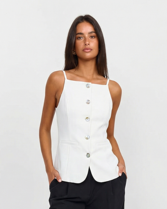 Tallulah | Square Neck Top White Sleeveless Button Front Fitted