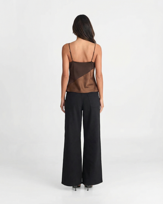 Viola | Elegant Satin Cowl Neck Cami Top Brown Going Out