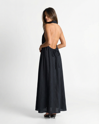 Rosa | Shirt Collar Halter Neck Button-Front Flowing Linen Maxi Dress