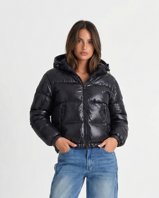 Willa | Winter Puffer Jacket Black Cropped Hooded Quilted Oversized