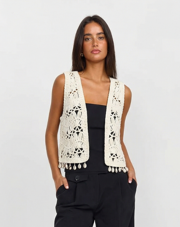Noa | Summer Crochet Cardigan Cream Sleeveless Shell Tassel