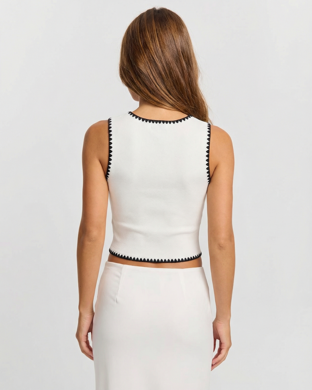 Thea | Scallop Trim Button Front Sleeveless Crop Waistcoat