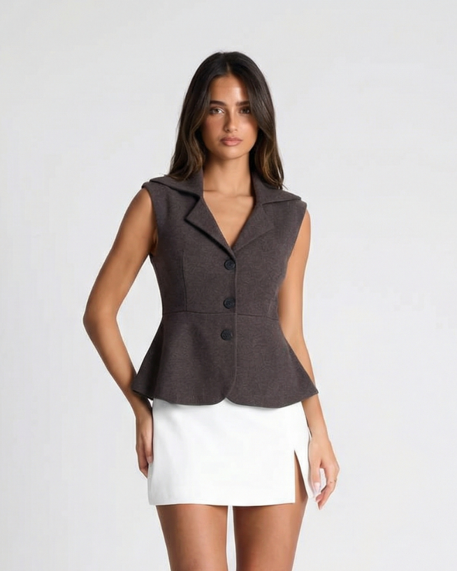 Stella | Smart Casual Sleeveless Blazer Brown Tailored Peplum