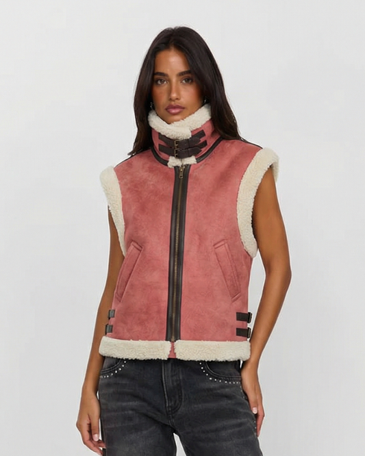 Quinn | Aviator Jacket Faux Fur Pink Sleeveless Shearling Gilet