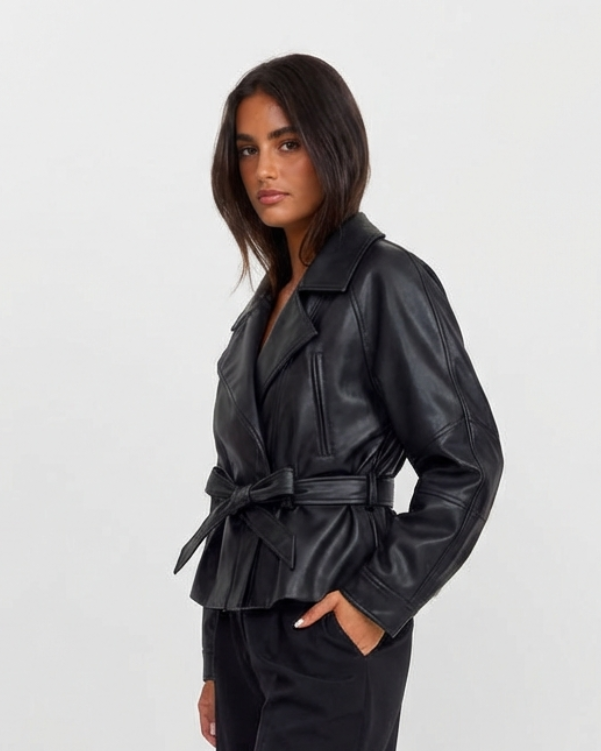 Lena | Leather Jacket Black Belted Cropped