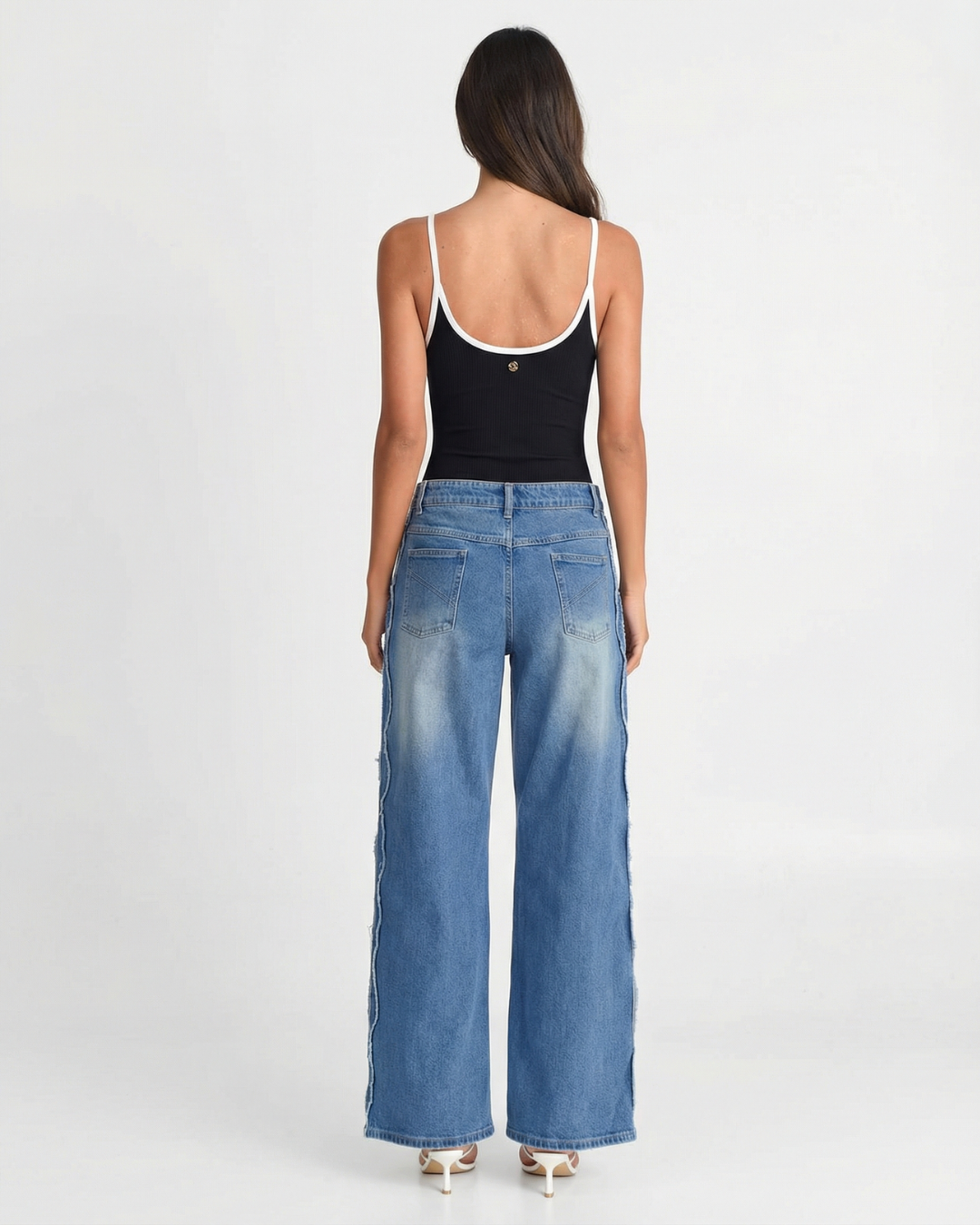 Caitlin | Scoop Neck Contrast Trim Metallic Detail Ribbed Knit Tank Top in Black