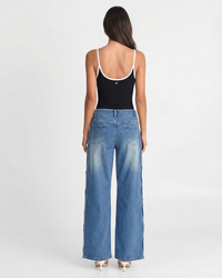 Caitlin | Scoop Neck Contrast Trim Metallic Detail Ribbed Knit Tank Top in Black