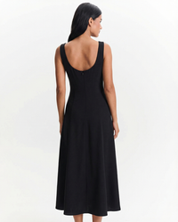Paige | Square Neck Wide Strap Gold Button Front Split Linen Midi Dress