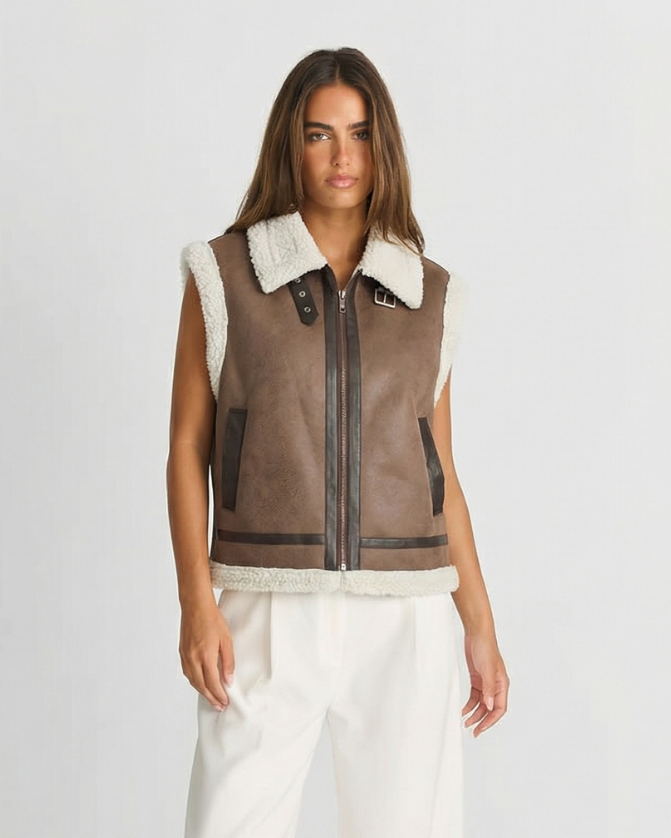 Vera | Faux Leather Sherpa Vest Brown Cream Sleeveless Zip Up