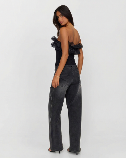 Yara | Strapless Ruffle Crop Top Black Bodysuit