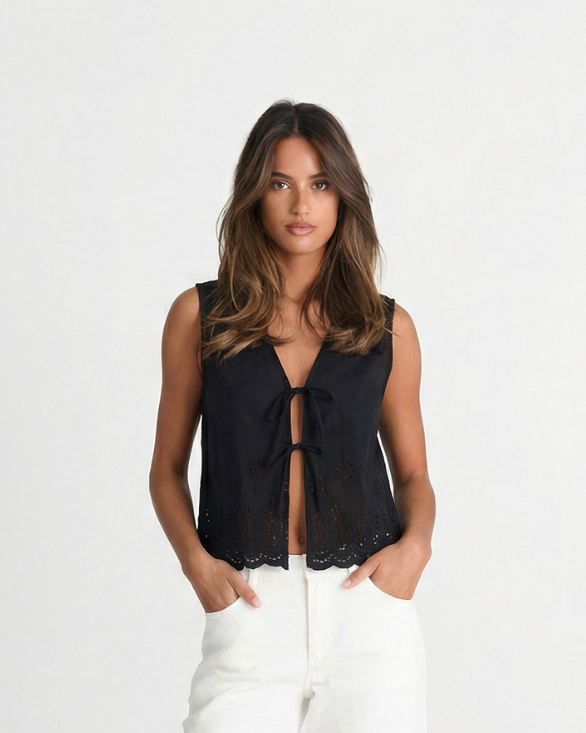 Iris | Lace Blouse Black Sleeveless Tie Front Broderie Anglaise