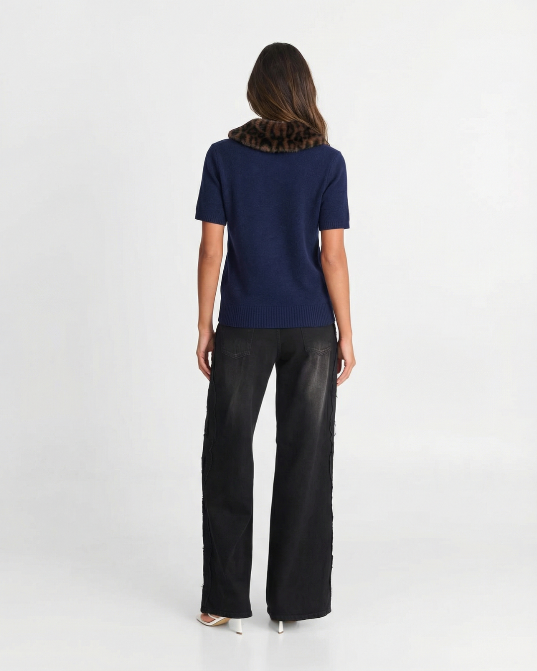 Iris | Faux Fur Collar Button Front Short Sleeve Cropped Cardigan
