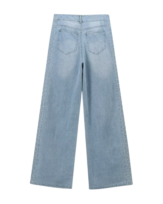 Iris | Wide Leg Jeans Light Blue High Waisted Studded
