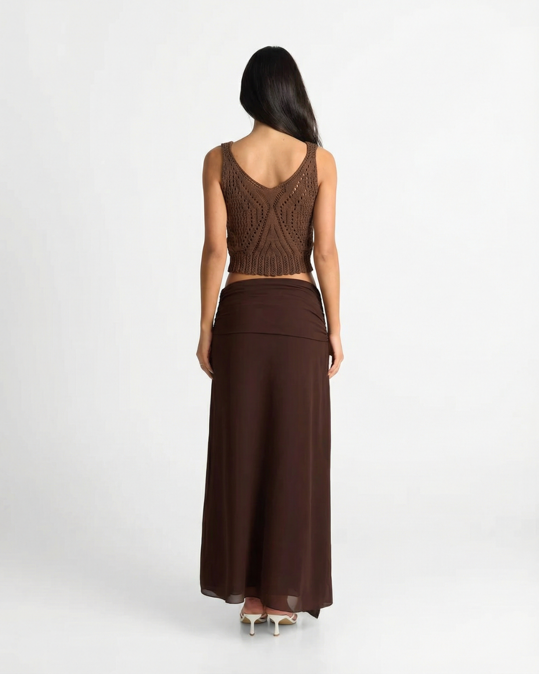 Celine | Crochet Tank Top Brown Knitted V Neck Cropped