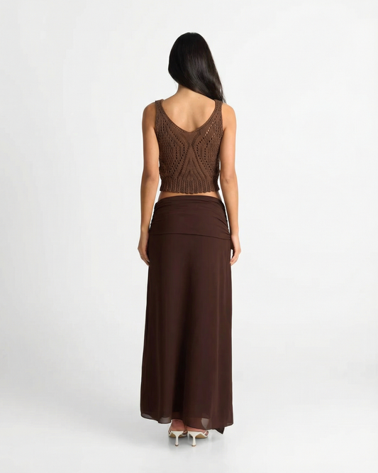 Celine | Crochet Tank Top Brown Knitted V Neck Cropped