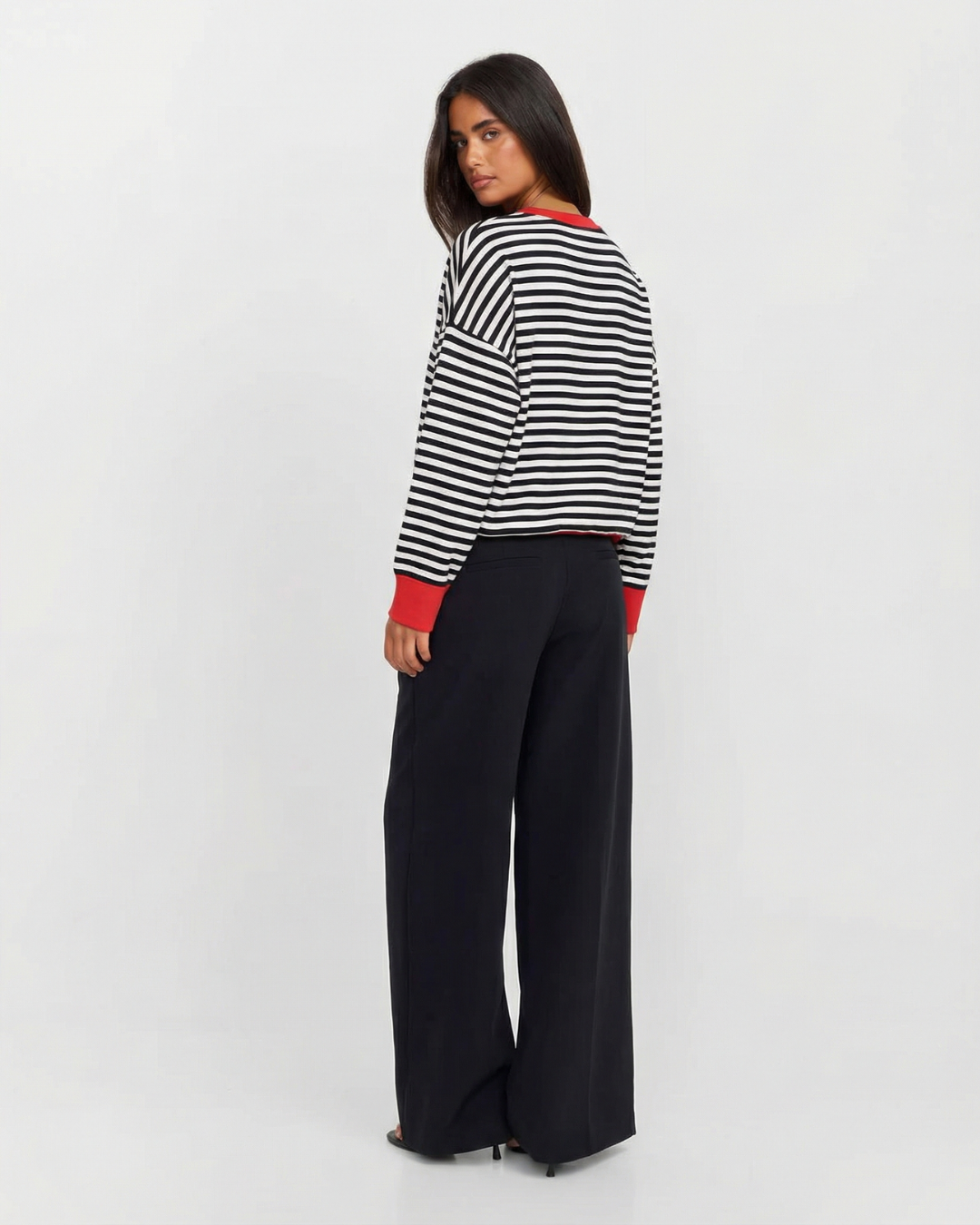 Lara | Striped Long Sleeve Top Red Trim Oversized Crew Neck Cotton