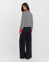 Lily | Stripe Print Red Ribbed Trim Dropped Shoulder Relaxed Knit Top