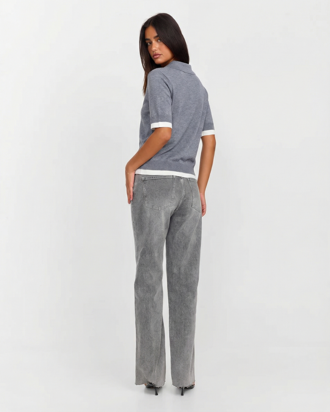 Zoe | Contrast Trim Short Sleeve Polo Knit Top in Grey