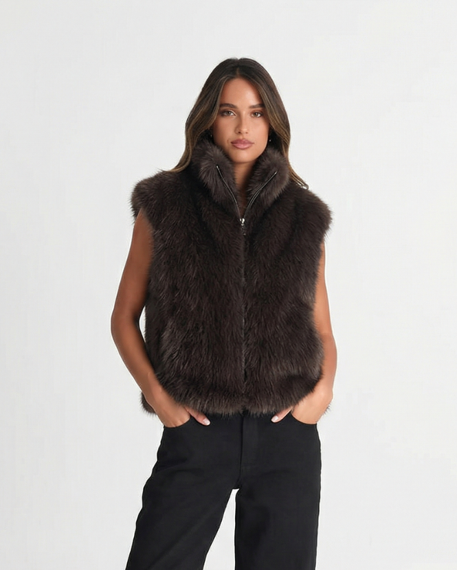 Faye | Brown Faux Fur Zip-Up Vest